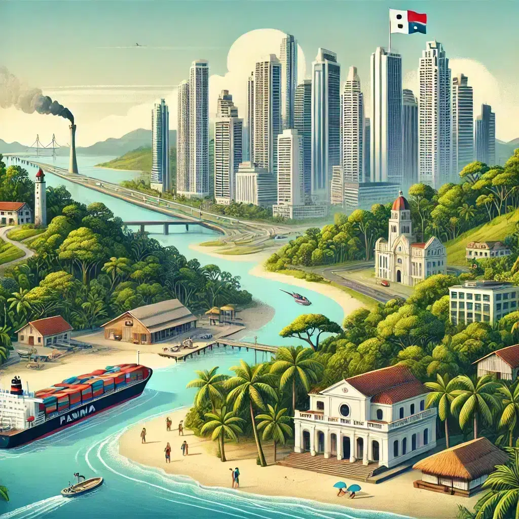 DALL·E 2024 07 13 17.10.31 A detailed image of Panama showcasing its diverse landscapes and iconic landmarks. Include the Panama Canal with a ship passing through the modern s