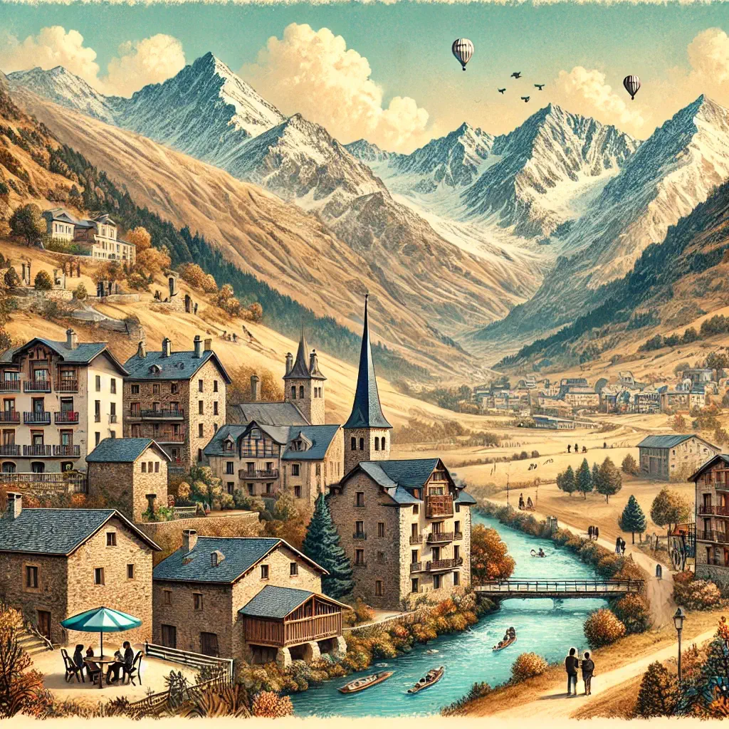 DALL·E 2024 07 13 17.24.01 A detailed image of Andorra showcasing its picturesque landscapes and charming architecture. Include the Pyrenees mountains with snow capped peaks a 1