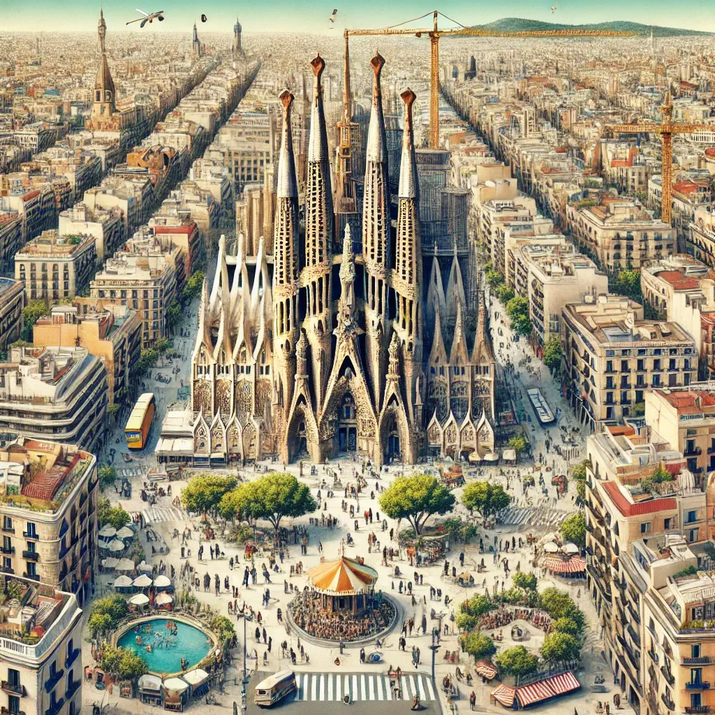 DALL·E 2024 07 13 17.25.00 A detailed image of Barcelona Spain featuring the Sagrada Familia as the central focus. Surround the basilica with bustling city life including peo 1